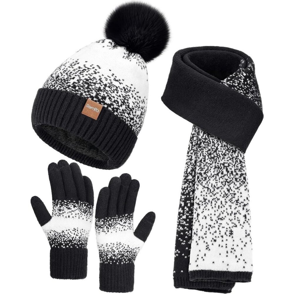 Women's Black White Winter Beanie Hat Scarf Gloves Set Pom Warm Christmas Gift